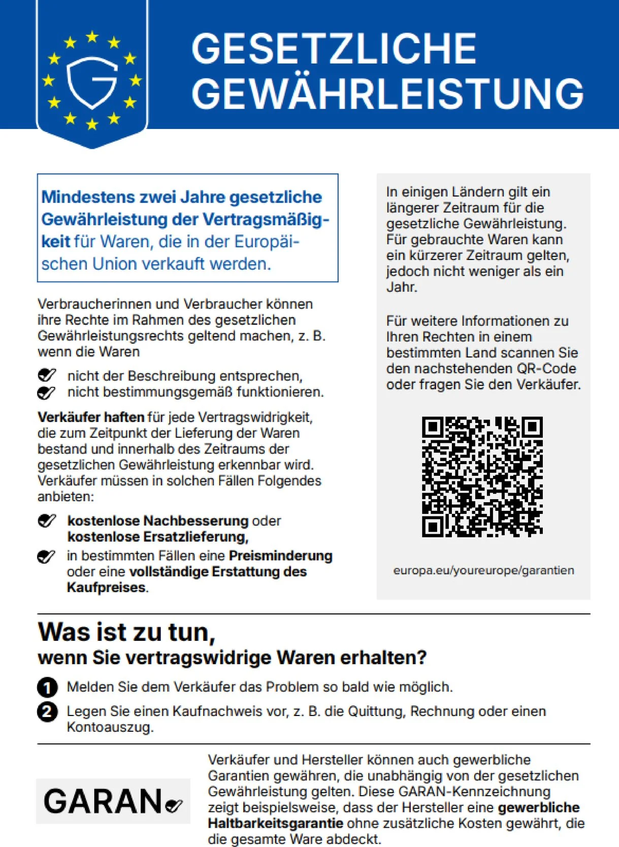 Harmonisierte Mitteilung über die gesetzliche Gewährleistung gemäß EU-Verordnung 2024/1960